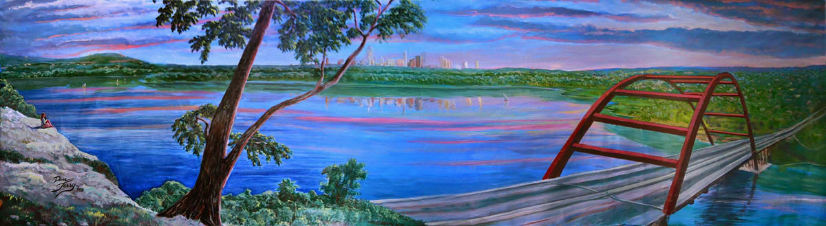 Austin Pennybacker bridge panorama mural by Dan Terry  Image: this view from the cliff above the Colorado River overlooking the Pennybacker Bridge and the distant skyline of downtown Austin. This work was commissioned by Centaur Technology for their corporate headquarters in Austin. 