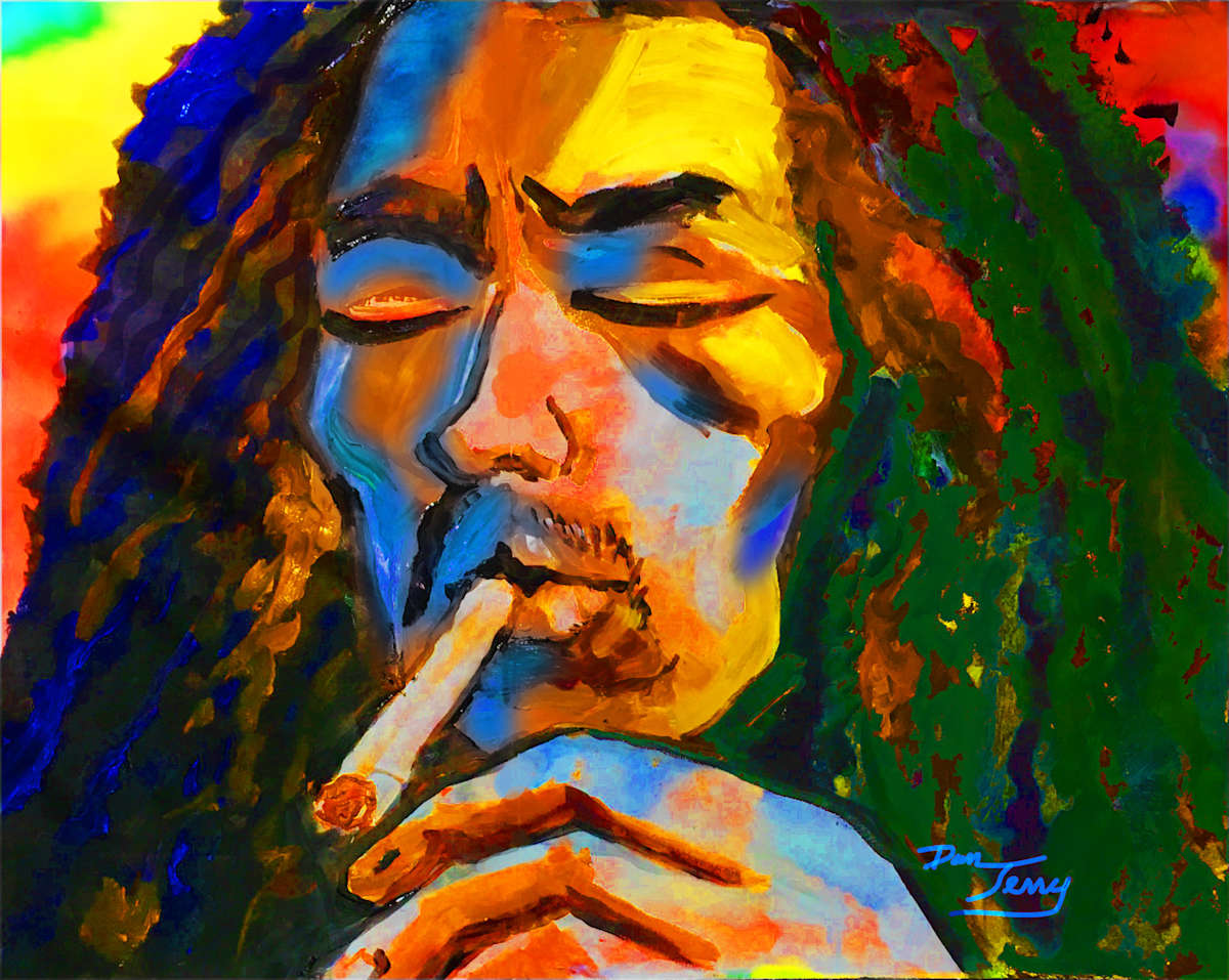 Bob Marley Artist Proof by Dan Terry  Image: From a mural done for a smoke shop this is but one of a series of famous musicians known to be regular smokers. Reworked from the photo of the acrylic mural for release as a limited edition print. 