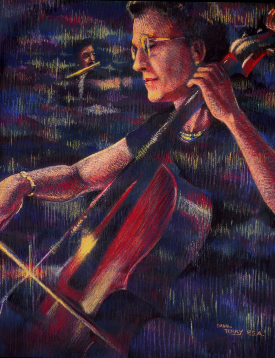 Cellist_in_Dminor by Dan Terry  Image: Inspired by a performance of the National Symphony in Washington during the fourth of July in 1976 this original Pastel on Rag Board portrait of the first chair cellist from quick sketch studies done during the performance.  The original is 30x40" and signed in the lower corner Danal Terry PSA, with the early phonetic spelling that appears on much of his earlier works. Like others in the artist's music series the color palette used represents the key signature's tonality. Even in this early work done around 1978 the artist's fascination with waves of sound or light, enfuses the work with a sense of motion and energy in the pulsating waves of color in the background where much of the figure blends into the music itself inseparable as performer and performance blend in a visual harmony.  