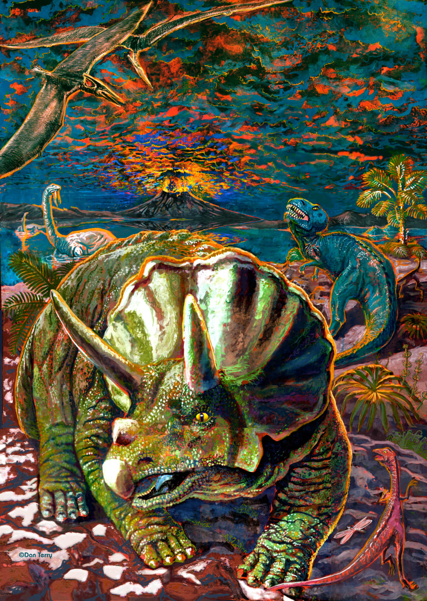 Dinosaurs! by Dan Terry  Image: This work was done as a study for a promotional poster for a dinosaur exhibit at the Witte Museum in San Antonio. While another of Dan's paintings were used in the final poster, the original painting shown here was in many ways a much better work in it's own right and subsequent poster size prints remain an always favorite with children. 
