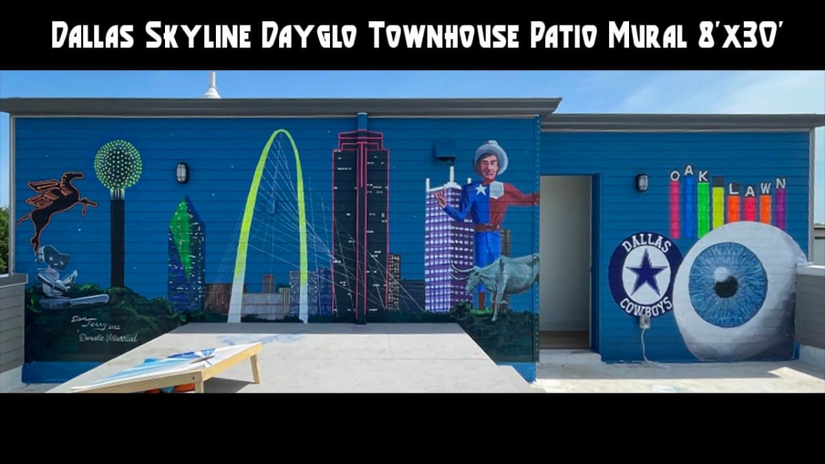 Dallas Hilights Nightglo Skyline Exterior Airbnb Mural  Image: Dallas Airbnb Townhome 4th floor patio Dayglo mural (daylight view). 
