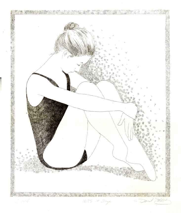 Crystal Ballerina at Rest by Dan Terry  Image: This is one of the few existing Intaglio etchings pulled from the plate back in the late 70s prior to the plates destruction in a flood before the edition limit was expired. About 6 proofs and prints total were created before the tragic loss of the plates damaged beyond repair in the deluge.  Even most of the etchings were damaged by water and mold and sustained significant staining.  

From Dan's original 35 mm Kodachrome Slides taken of the original artwork this limited edition becomes possible only now some thirty years after the flood. 