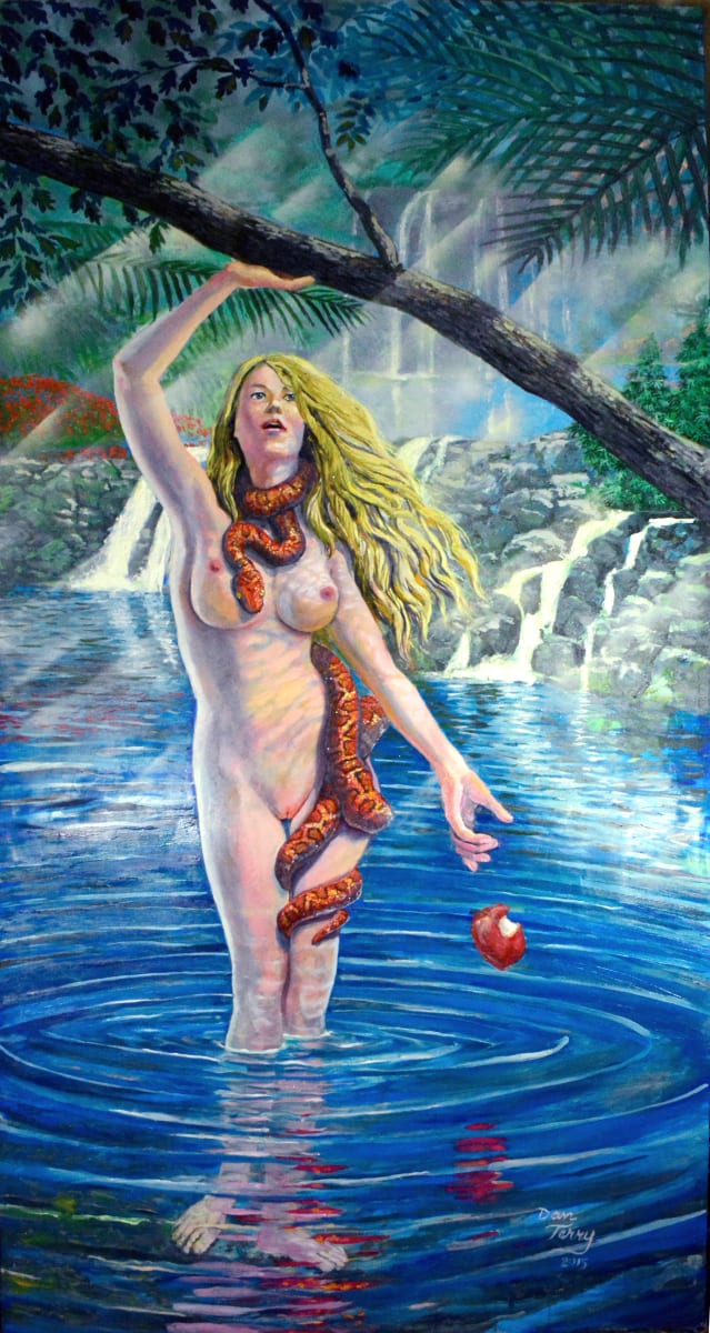 Eve in the Garden by Dan Terry  Image: One of the works for the Women in Myth & Literature series, Eve in the Garden is a lifesize oil on canvas allegorical work linking curiosity (temptation) to enlightenment (self-awareness). 