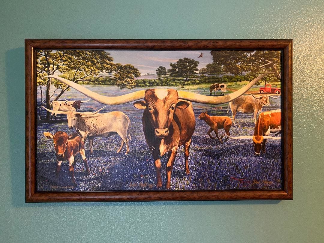 Texas Longhorns in Bluebonnets Framed Artist's Proof by Dan Terry  Image: framed Texas Longhorns in Bluebonnets Artists Proof 2/5 