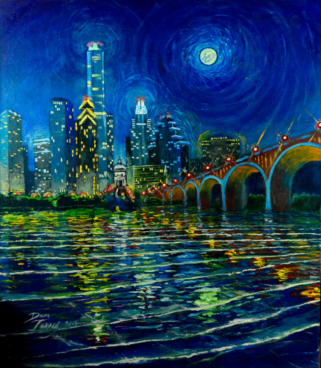 Full Moon Over Austin by Dan Terry  Image: This Austin skyline citiscape shows the influence and inspiration of Vincent Van Gogh stylistically while incorporating the artist's recurring theme of making visible the invisible dynamic energy in waves both in the water and sky above.  The view is from the south shore of Lady Bird Lake just west of the Congress Avenue bridge looking north toward the capital with the iconic Frost Tower with it's glowing peaked tower of glass under a blue full moon.  This is an original acrylic on canvas gallery wrapped impasto painting with painted edges, completed in 2015. 