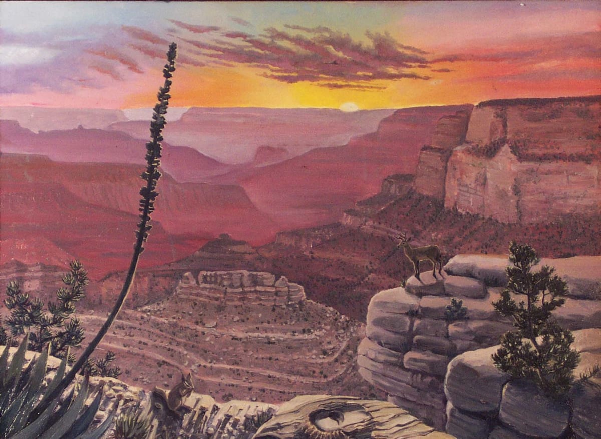 Grand Canyon Vista by Dan Terry  Image: Another of the rare, still existing, Dan Terry original oil nature landscape paintings, done back in the mid 1970s on a wooden panel before he embarked on much larger scale works like the murals he's best known for. This moody sunset view from the south bank of the Grand Canyon measures a mere 18x24", a tiny work compared to his more recent canvases. 