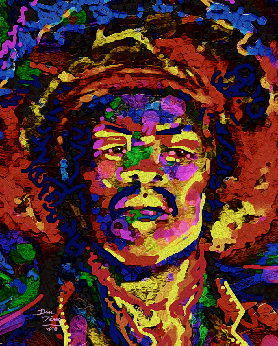 Hendrix Fire by Dan Terry  Image: This closeup of the digital expressionist portrait of Jimi Hendrix perfectly captures his musical intensity and shockingly innovative guitar mastery.  Painted by hand and mouse entirely in Photoshop, this work was designed specifically for large format digital print originals for powerful dramatic room impact in an explosion of color as bold as his rendition of the Star Spangled Banner at Woodstock.  This portrait is Jimi's anthem. 