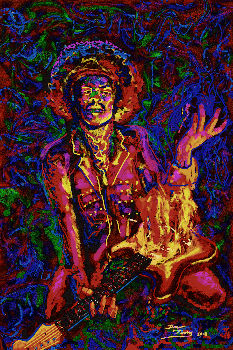Jimi by Dan Terry  Image: This digital Photoshop painting captures the electric energy that Jimi Hendrix's playing, music and stage brashness radiated into the consciousness of the music world and a generation of guitarists. Was he singing to his strat when screaming "let me stand next to your fire"? 