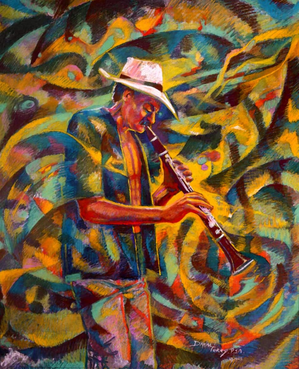 jazz_in_F7 by Dan Terry  Image: Jazz in F7 is an early Dan Terry work that became on the overriding themes of much of his work since, that of musicians as they are interpreted in color palettes implied by specific musical key signatures. F7 has an overall bright warm color tone with accents (from the 7th) that emerge as greens with blue undertones. The musician series is also identified with lost & found edges merging into abstract wave forms mirroring the emotional tone of the specific genre. The design in this representing jazz is freeflowing, interlocking arches of color with contrasting sharp counterpoints in the design representing and feeling much like improvisation and surprise. The original work is long gone, likely destroyed in the San Marcos flood of 1984. But like almost all of Dan's work he had taken high resolution professional photographs of the work for archival and documentary purposes even back then, making it possible to issue reproductions of the original work. 