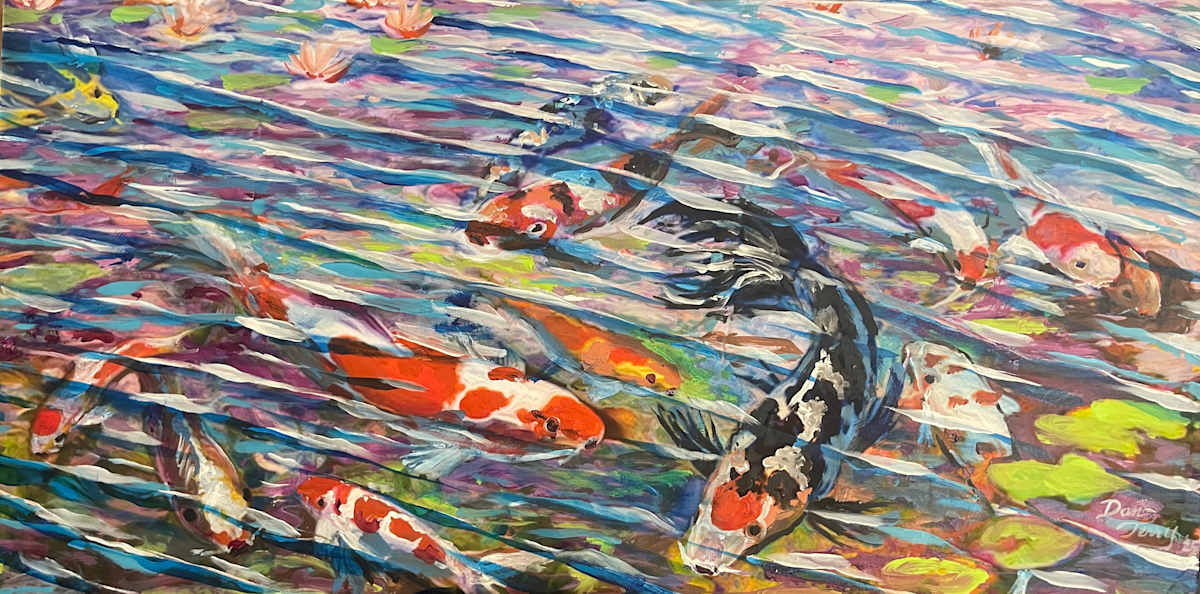 Koi Motion by Dan Terry  Image: Koi motion captures the interplay of motion in both the water and the koi's churning ballet beneath the waves they set in motion. This 20x40" oil on canvas stunningly captures that flowing energy. 
