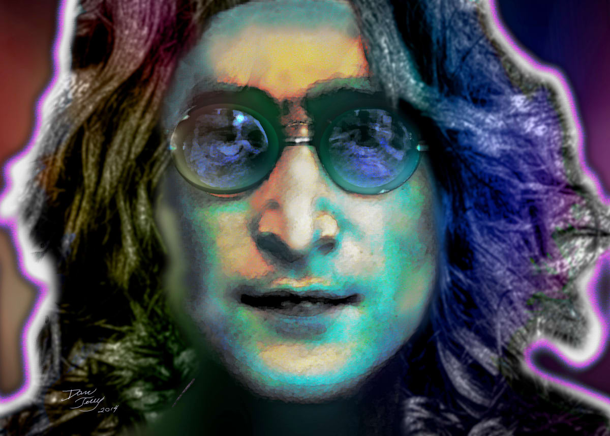 John Lennon Portrait by Dan Terry  Image: This moody portrait of Beatle John Lennon is a totally original work that was made by compositing digitally and literally scores of existing photographs of the musical genius. Aspects of some of the source images were exaggerated or diminished, Shadows from multiple images were combined in different colors, images were sometimes distorted to bring them all into similar poses. The result is a photographic portrait different than any taken in his life. 