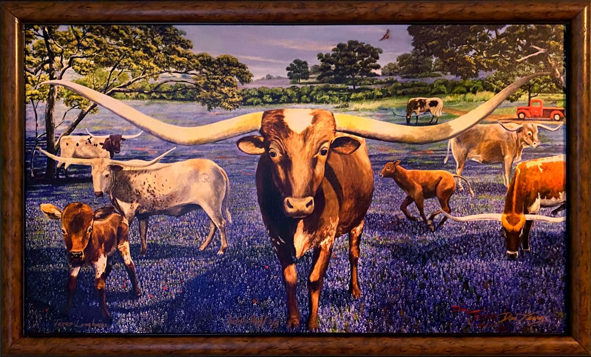 Longhorns in Bluebonnets 19.5x33 Signed & Framed Proof 2/5 limited edition 2/50 by Dan Terry 