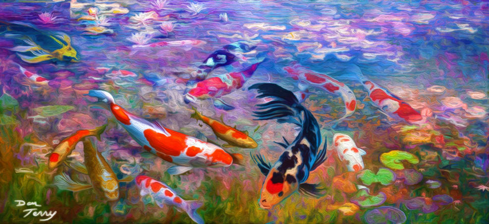 Koi Pond Study by Dan Terry  Image: Commissioned to create an 8x20' mural for a collector in Liberty Hill Texas, this digital painting was created as a sample/study of what the full mural would look like. Inspired by the Waterlilies series by Monet and by classical Japanese paintings this would also be the study that preceeded the creation of the oil on canvas painting done later the same year now in a private collection in Austin, TX. 