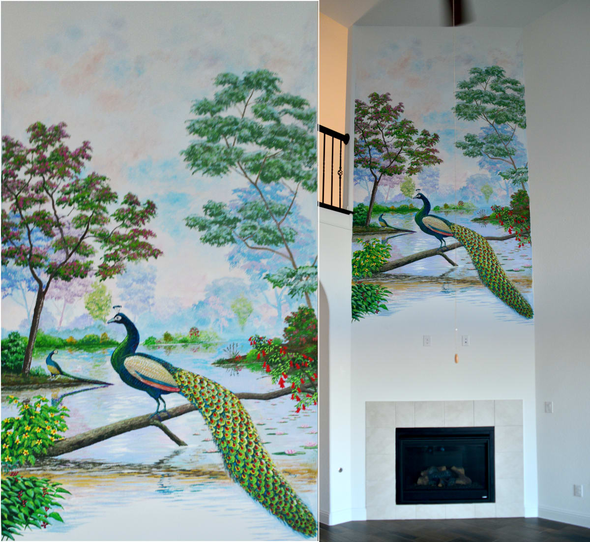 peacock mural by Dan Terry  Image: Commissioned to create a floral peacock themed mural in a private home near Austin, Dan created this colorful and peaceful view of peacocks in a placid lake scene. 