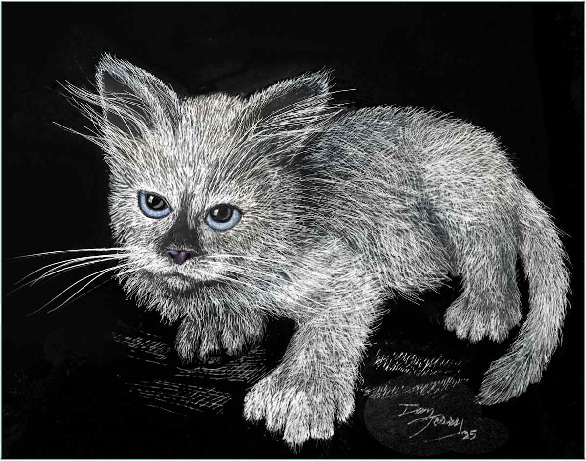 Purrl Ragdoll Scratchboard by Dan Terry  Image: This is a contemporary scratchboard drawing completed in Photoshop for aquatinting for a limited edition of the work. Featured is "Purrl" a ragdoll polydactyl young cat, who lives in and shares my studio. 11x14"