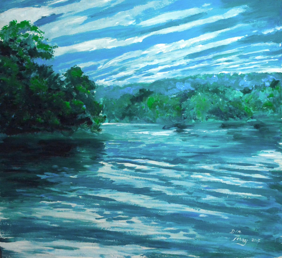 Reflections Riverscape by Dan Terry  Image: This original oil on canvas was created in the artist's study of wave energy both in the sky and in water. The work captures the interplay and interrelationship of waves whether pushing clouds into abstract patterns  or rippling distortion of the reflected sky on the surface of the flowing river. A study in blues and greens in awe of nature's abundant beauty. 