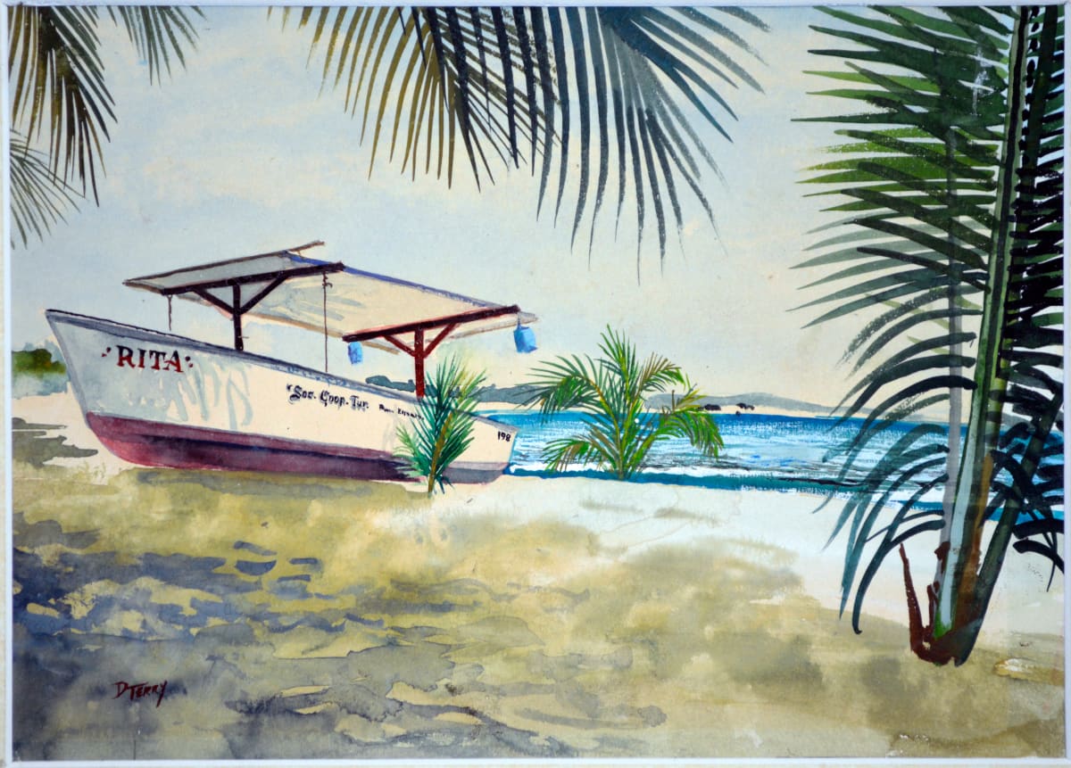 Rita at Puerto Escondido by Dan Terry  Image: This small watercolor is among the few watercolor works done by the artist over a 40 plus year lifespan. Fewer than 5 watercolors are known to have been created, as the vast majority of Dan's work is in oil or acrylic. However, this work shows his mastery even in the lyrical medium of watercolor. The scene was painted on location in Puerto Escondito, Mexico during one of his multiple trips to the exotic beach loved by the local tourists from the nearby city of Oaxaca. The fishing boat Rita, rests on the beach overlooking the Pacific after it's early morning run where the daily catch of Redfish, shrimp, jack, or whatever's biting that day is brought to the beachfront restaurants who cook it up fresh the very same day. This painting captures the peaceful, tropical vibe enfused with a sense of romance.  My younger son was conceived in a thatched room overlooking that very view the day the painting was created. 