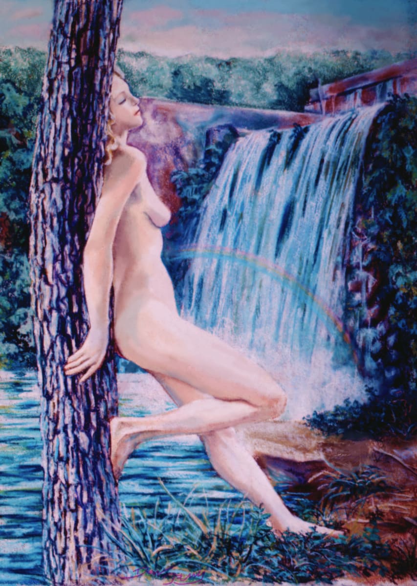 Nude in nature by Dan Terry  Image: This pastel work done in the late 1970s was created to celebrate the beauty of nature with a tasteful nude relaxing besides a flowing waterfall. The original artwork is assumed to be one of the many works lost in a San Marcos River flood in the 1980s. All that remains is the photography Dan made of the work on 35 mm film which makes possible the potential offering of prints of the work today. 