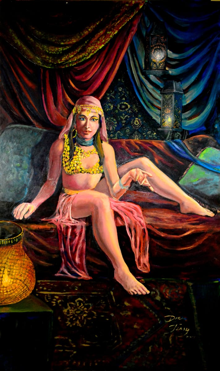 Scheherazade  (from Women in Myth series) by Dan Terry  Image: Scherahazad, the mythic woman from "1001 Nights" was done as one of the ongoing exhibition series of life size canvases of women from myth, legend and literature.  Women who  in a historically transformative way, broke new ground in advancing women's rights or exposing wrongs. 