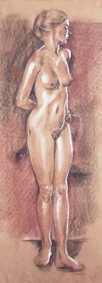 standing nude study by Dan Terry  Image: this is a study done of a nude in a rare example of Dan's study of human anatomy in Conte Crayon on toned paper. While the original is not for sale, a limited edition is being made available. 