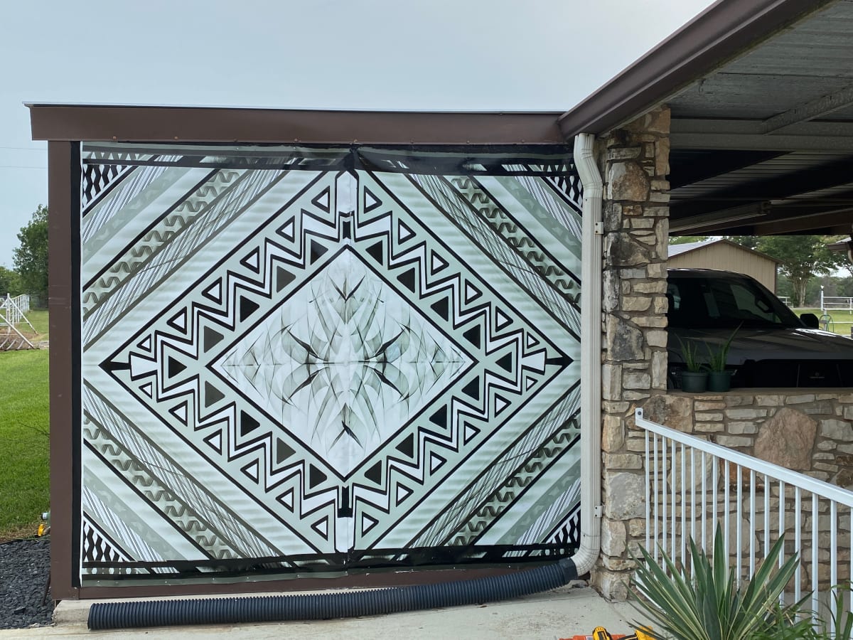 stockdale boho mural by Dan Terry  Image: Commissioned simple geometric "BoHo" style mural for poolside in Stockdale, TX. Created on adhesive autobody wrap vinyl for exterior display. 