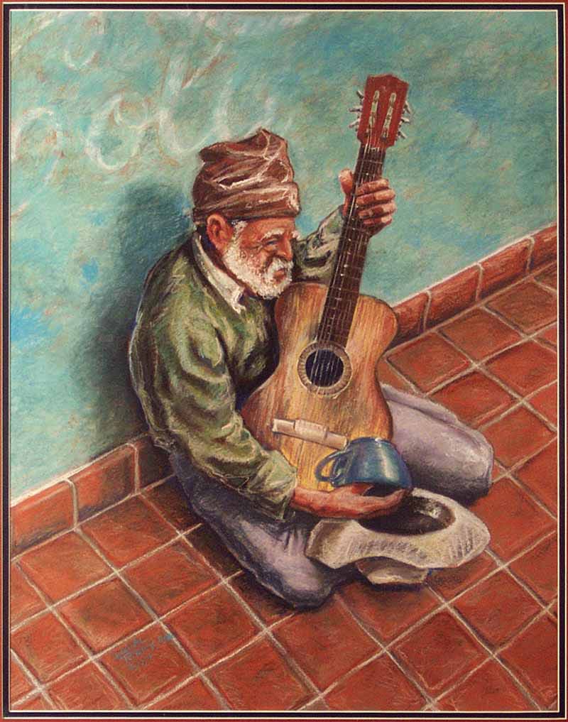 Playing for Supper - street musician by Dan Terry  Image: street musician commissioned work