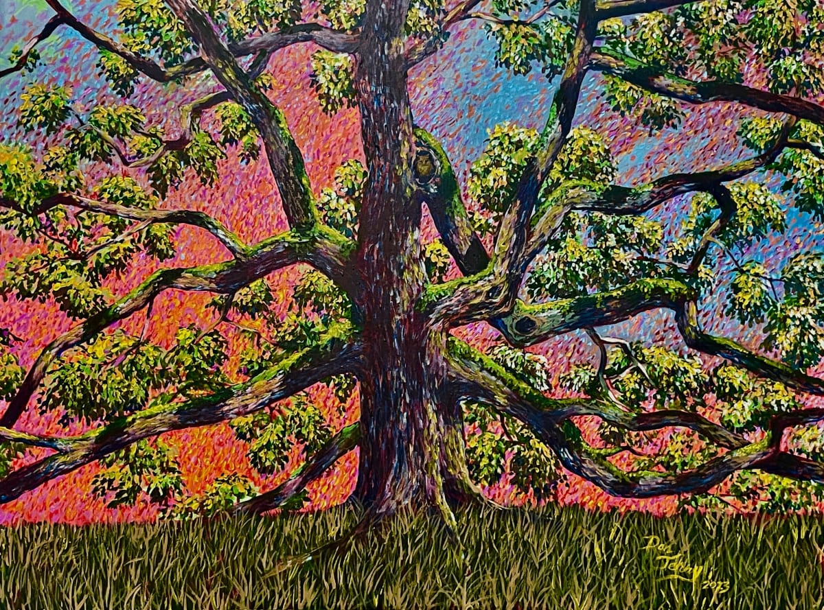 Summer Oak by Dan Terry  Image: The summer of 2023 was record breaking scorching. This work of a 300+year old Oak stands sentinel in the boiling hot air of that summer. This is one of the works that overtly addresses the climate change that while long denied by too many is now recognized as our new reality. 