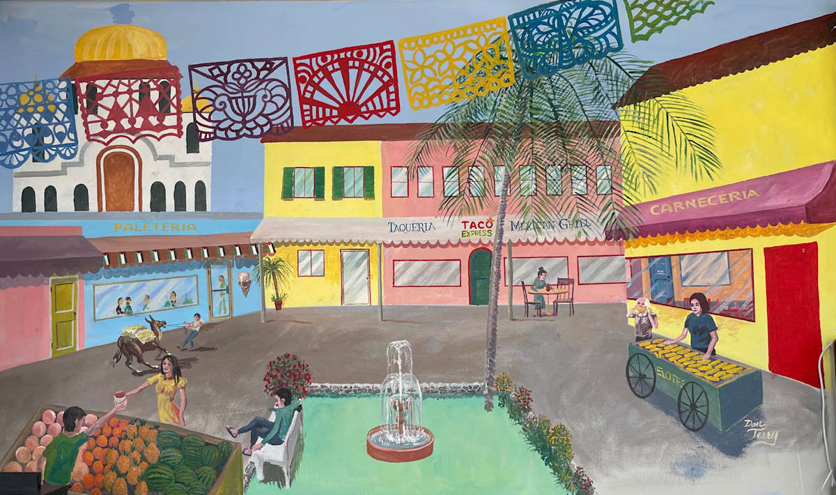 Taco-express restaurant mural - Arlington, TX by Dan Terry  Image: This mural (6x11') in the Taco Express in Arlington Texas captures the festive feel of a typical South Mexico zocolo with street vendors and small shops. 