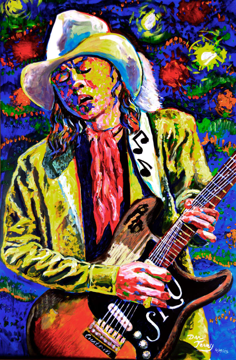 stevieray with strat #1 by Dan Terry  Image: heavy impasto acrylic in bold expressionist color defines this portrait of Stevie Ray Vaughan bending his trademark blues riff in sonic ecstasy on his favored road worn Fender Stratocaster. 