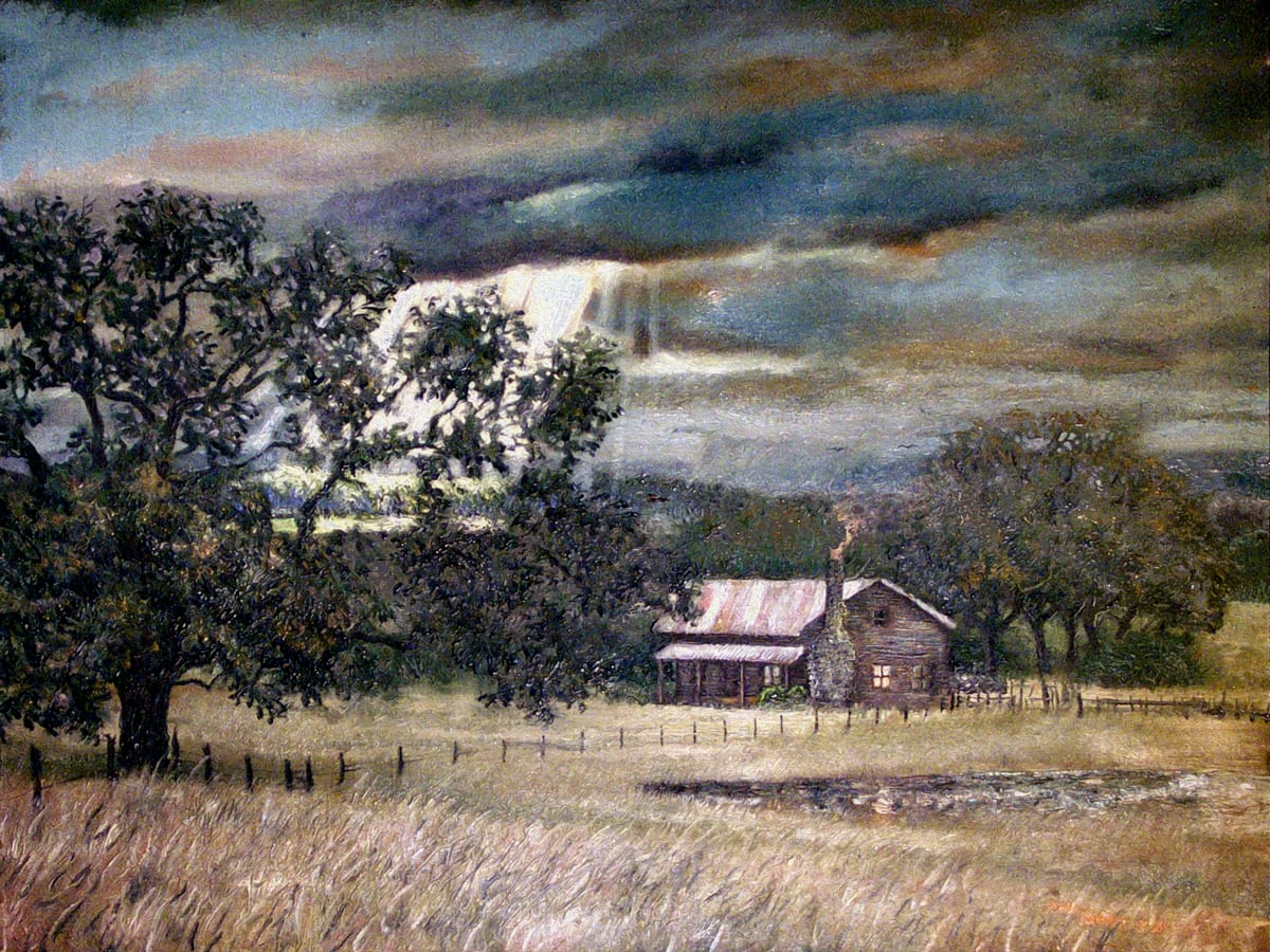 Rural Winter Texas Landscape  w/Cabin  Image: Rural Winter Texas Landscape  w/Cabin was created circa 1976 and it's current location or even existence is unknown. Might have been one of the works destroyed in a flood in San Marcos or even sold (though it's not likely as few works from that time period were). It was exhibited at the artist's short lived gallery space on the square in San Marcos around 1976 and in a few outdoor art fairs during that time frame. The original is an oil on canvas at a likely size of 18x24" a small work for the artist based loosely on the cabin and landscape in which the artist lived upon first coming to Texas when he was the overseer on a small ranch in Normanna. The cabin itself burned to the ground during the first winter freeze when a wood burning heater's spark escaped a upside down  chimney pipe  installed by the ranch owner, Mr. French, from Corpus Christi on or around Dec 7, 1974. While the artist woke up after midnight from the smoke and managed to escape with one guitar and his cat through a window, the entire structure collapsed within minutes of getting out with no means of calling the nearest fire department some 17 miles away in Beeville. Lost were about 20 original works created by the artist in his earliest years of painting and virtually all personal possessions. The mood of the painting captures the gloominess and cold of that first Texas winter in the south Texas ranchland where he lived for another few years in a shared 20' long tin shack with two Mexican nationals while working on the ranch, during which time he bicyled several days a week to Beeville to attend art classes at Bee County College taking courses under mentor, Simon Michaels (1905-2002). 