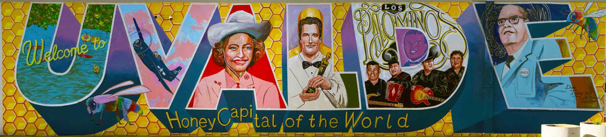 Welcome to Uvalde  Image: Welcome to Uvalde full mural featuring celebrities from the small Texas town, including Dale Evans, Matthew McConnaughey, 4x Grammy winners Los Palominos, and Governor Dolph Briscoe. 