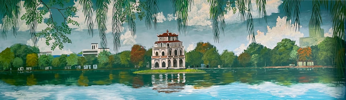 Vietnam "Turtle" Thap Rua temple  Image: 6'x30' mural of the 'Turtle Tower", Thap Rua located on an island in the middle of Hoan Kiem Lake built in 1886 in memory of legendary General Le Loi who defeated a force of 100,000 Chinese warriors invading Vietnam in the 14th century assisted in legend by "Kim Qui", a golden tortoise that gifted the magical sword used by Le Loi to rally the Vietnamese to victory.  

Large 6' turtles have long been seen in the lake near the island on which the ancient temple stands. This work was commissioned by MEP Green Designs, for their Texas corporate office in Webster, Texas near NASA, an engineering firm known for designing and building hotels across the world founded by Dungvu and family,  who immigrated to the US from Hanoi, Vietnam in the early 80s.