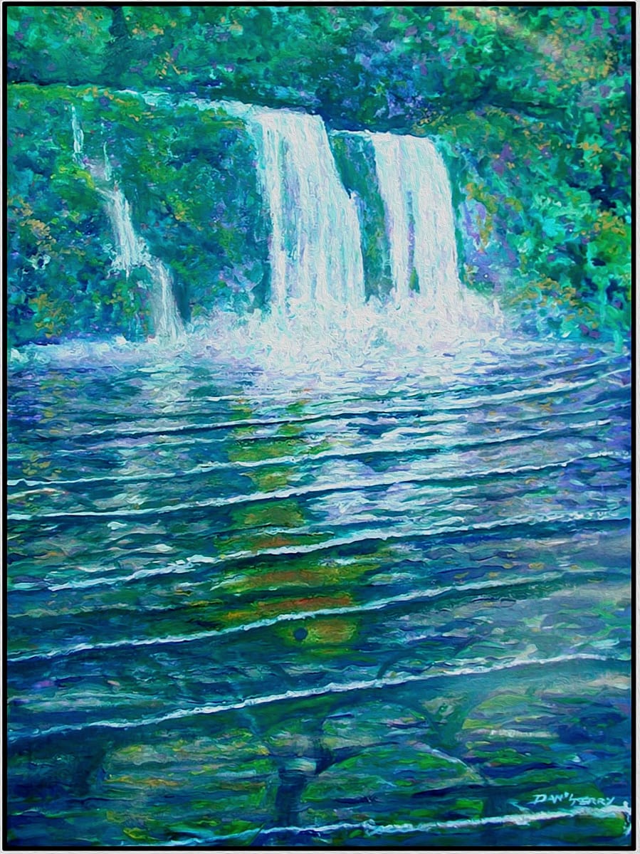 Waves of Abundance - Feng Shui  Image: Waves of Abundance -Feng Shui depicts Feng Shui symbols of abundance including a flowing waterfall representing an everflowing stream of incoming financial abundance, golden coins and Koi fish under the water's surface and rich foliage feed the by the life giving water.  