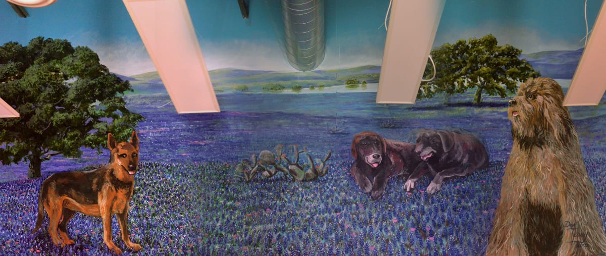 woof gang bakery mural - San Antonio, TX  Image: Commission for Woof Gang Bakery in San Antonio work features portraits of beloved canines in a field of bluebonnets. 