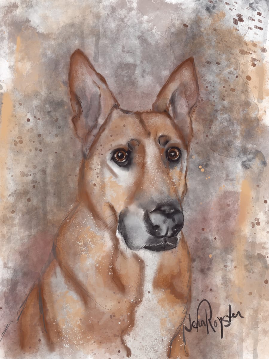 Meet "Gunner"  Image: Hand painted Digital Watercolor - Commissioned Pet Portrait. Gunner is a rescue from a dog fighting ring. Deep soul you can see in his eyes. 