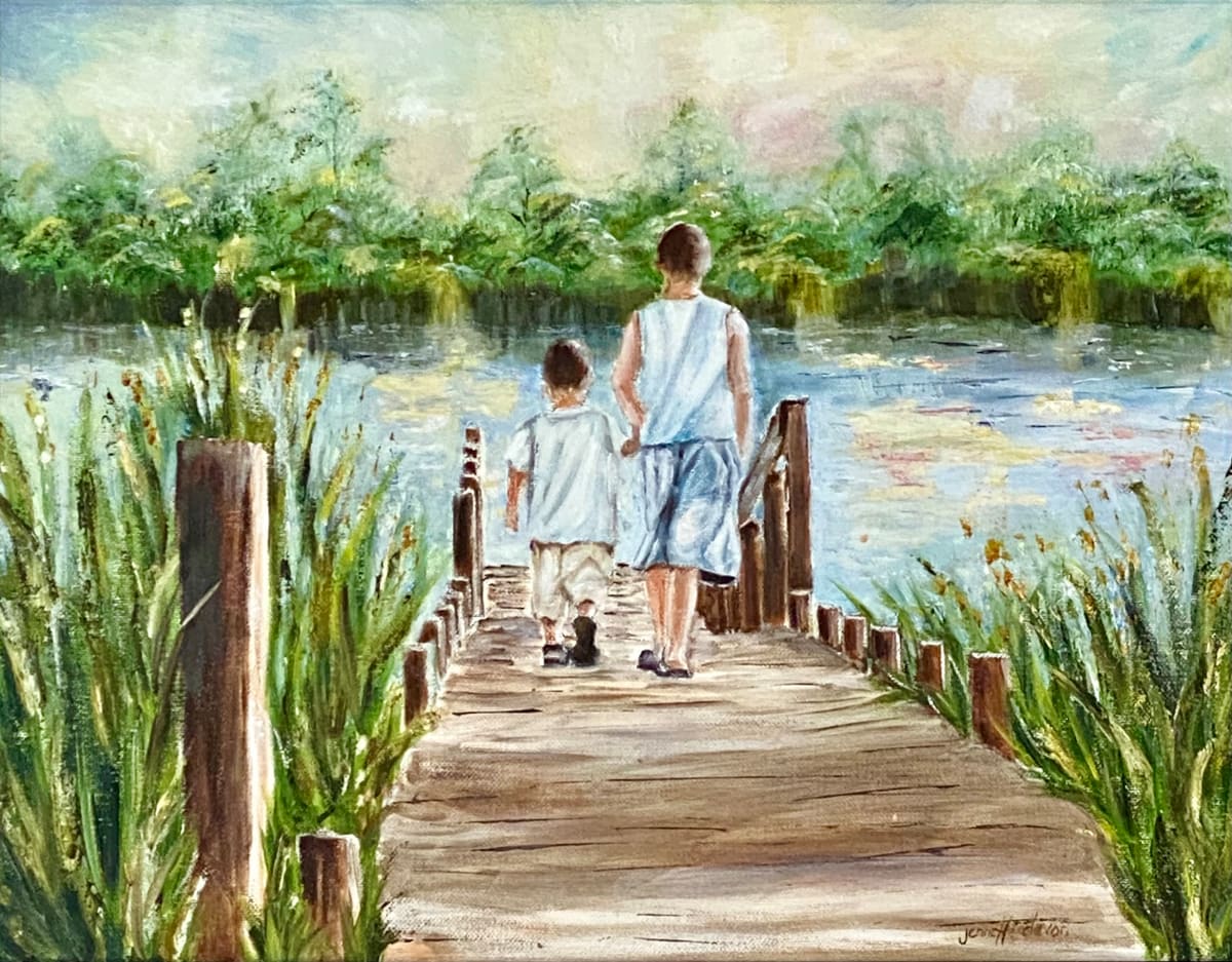 Brothers on the River Dock by Jenn Royster  Image: Brothers on the River Dock - Original 14 x 18 Acrylic on Canvas Board  