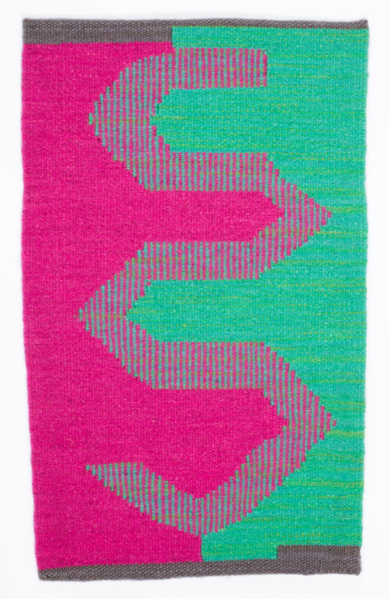 Neon Series II  Image: In my practice, I contrast age-old techniques with contemporary materials, using neon colors in tapestry or plastic bag as canvas. In my Neon Series, I continue to expunge the distinction between contemporary and traditional by intermixing medium, colors and symbols from different locations in time, and transposing them into singular compositions. Tapestry weaving is a method that dates back to medieval times, and I use the technique to create compositions that allude to minimalist abstraction. The use of color is also important to this series – referencing neon signs, a symbol of contemporaneous commercialism, I’m integrating the colors and technique to subvert the distinction of ancient and contemporary. Using a laborious process such as tapestry weaving, and referencing rampant consumerism, this work playfully contrasts ancient practices with prevailing habits and assumptions about value, and asks whether our layered post- modern sensibility still sees time as linear continuum.