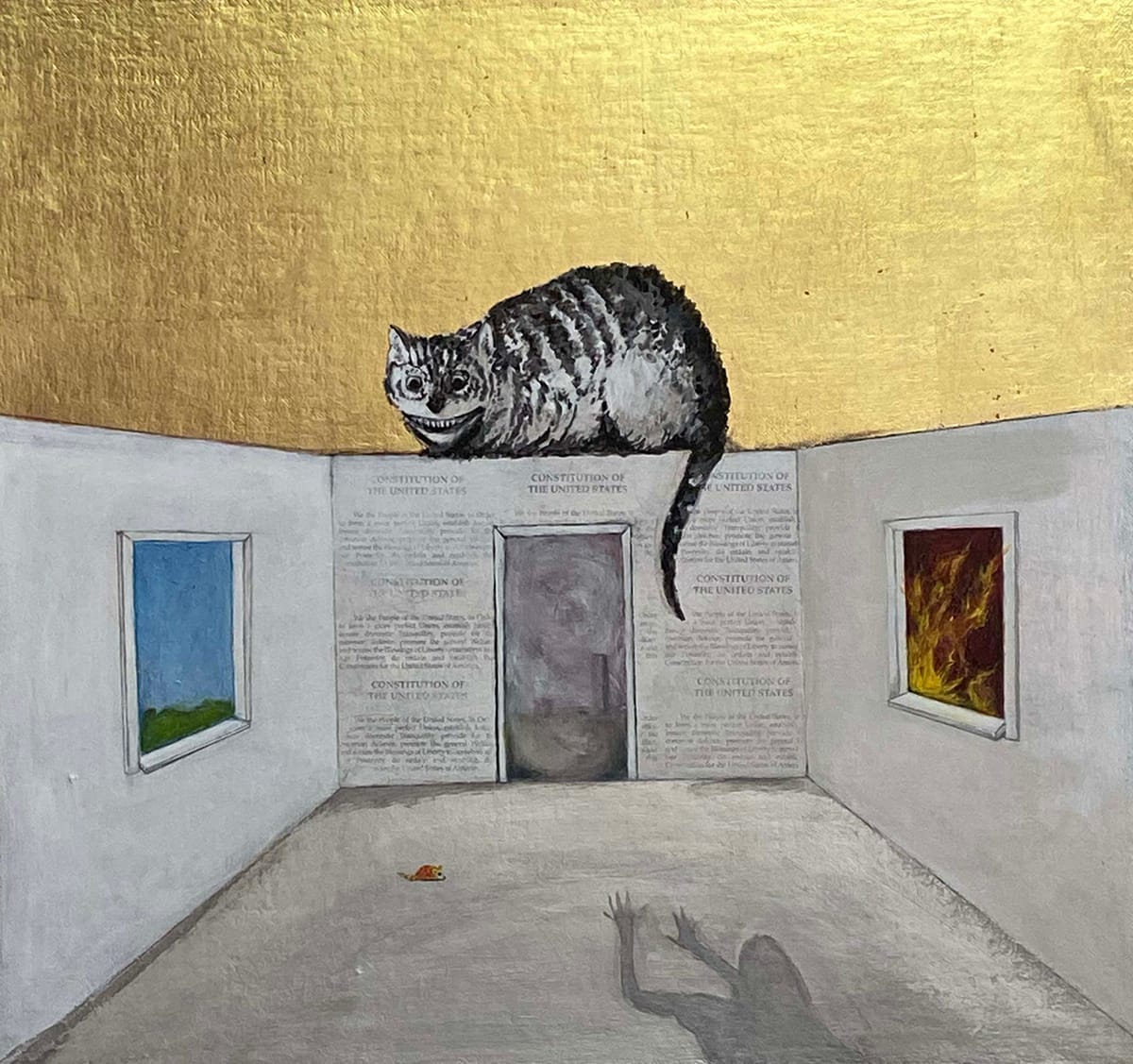 Sanctuary by Belinda Chlouber  Image: Sanctuary' reflects on finding solace amid Covid-19. Home is a refuge, but the mind is the ultimate sanctuary. The painting evolved, mirroring inner turmoil: the Cheshire Cat, shadowy foreground, and multiple doors symbolize lingering anxiety and life's choices. Seeking peace amid uncertainty.