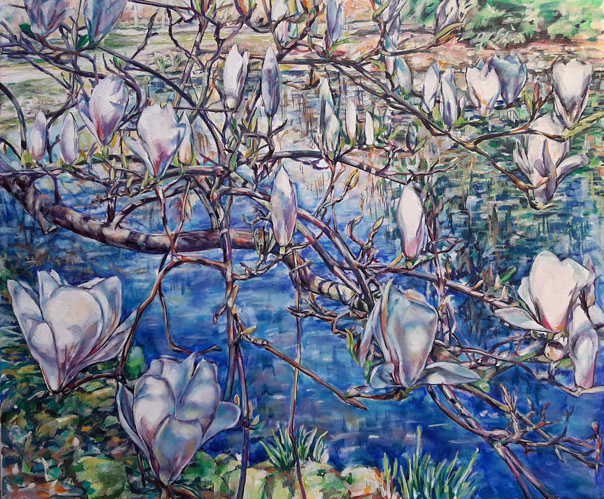 Entangled by Agnes Havran  Image: Amidst the intertwined branches, delicate magnolia blossoms present a soft, creamy hue against a tranquil water backdrop. Each bloom appears to float, creating a soothing contrast with the detailed network of twigs. This gentle connection fosters exploration between the lush foreground and the reflecting water. Utilizing techniques reminiscent of Impressionist masters, the imagery links viewers to themes of nature's transient beauty. The subtle mix of blues and greens creates a calm environment, recalling Monet’s gardens. Through this arrangement, there’s a heartfelt tribute to natural elegance and artistic tradition, prompting engagement with the relationship between life and art.