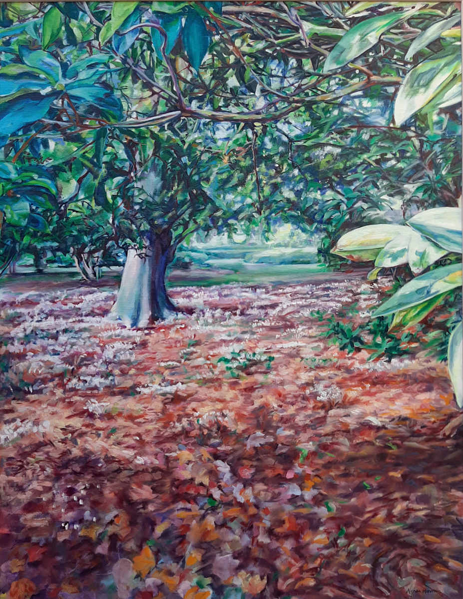 Hope by Agnes Havran  Image: Layers of rich brown brushwork create a textured forest floor that beckons viewers to explore its depths. Dappled light filters through lush green leaves, casting a serene glow across the scene. The use of soft yet precise strokes presents the tranquil essence of this natural refuge. Each element, from the robust tree trunk to the delicate foliage, demonstrates a high level of technique. This painting reflects the enduring relationship between light and nature, prompting questions about how we find solace in such serene landscapes. Through its portrayal of a quiet woodland, the artwork resonates with universal themes of peace and introspection.