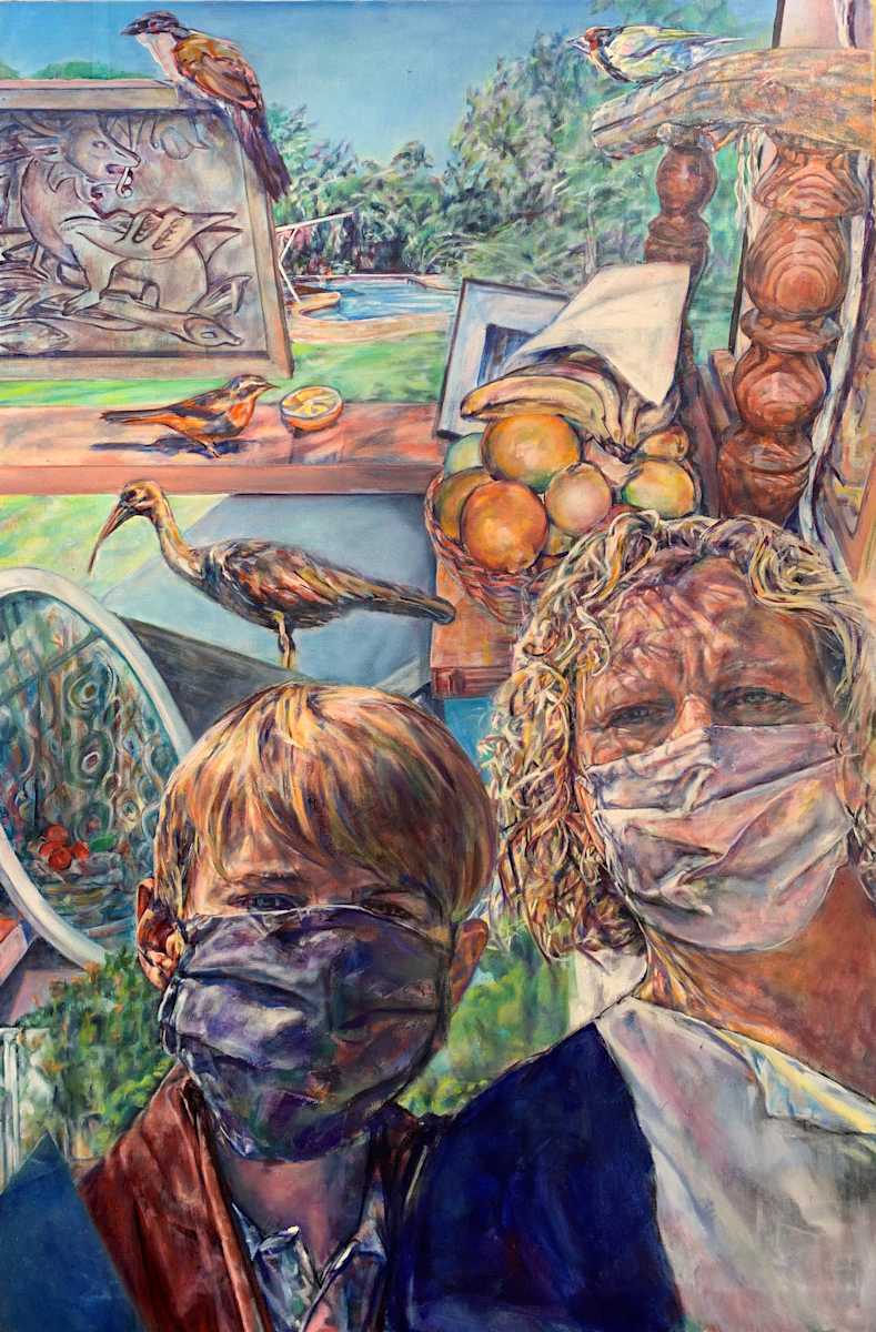 Inside-out by Agnes Havran  Image: Layered imagery prompts exploration of everyday life intertwined with the surreal. The scene, rich in detail, contrasts a domestic setting with natural elements, as birds settle near a basket filled with fruit. Light refracts across the surface, creating intricate shifts in tone, both unexpected and coherent. The figures wear masks, suggesting a narrative rooted in the present moment, reflecting contemporary global themes. Viewers are invited to consider the convergence of humanity and nature, and how they mirror and challenge discussions about loss and meaning. This work offers a thought-provoking glimpse into the complex relationship of familiar elements reimagined in a colourful arrangement.