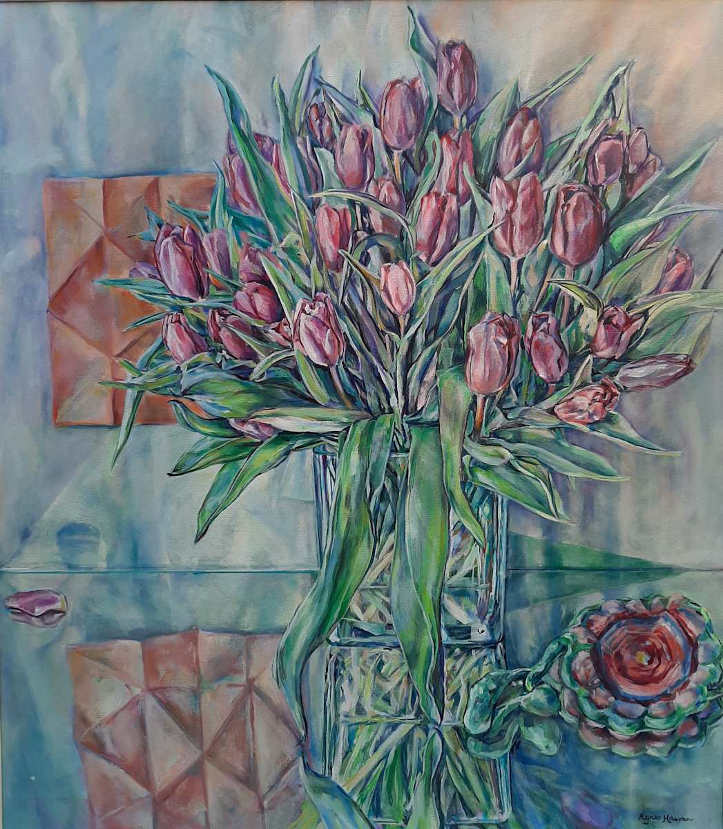 Unfolding by Agnes Havran  Image: Radiating a tranquil atmosphere, this composition masterfully combines the delicate tones of pink tulips with lush green leaves in a crystal-clear vase. The gentle brushwork emphasizes the soft, flowing lines and creates an almost serene quality throughout the arrangement. The geometric background, with its subtle, muted hues, contrasts beautifully with the organic forms of the flowers, adding a contemporary twist to the traditional still life. This distinctive blend of natural and abstract elements reflects a refined stylistic choice. What narratives do these flowers convey, and how do they touch upon the past and present in their quiet elegance?