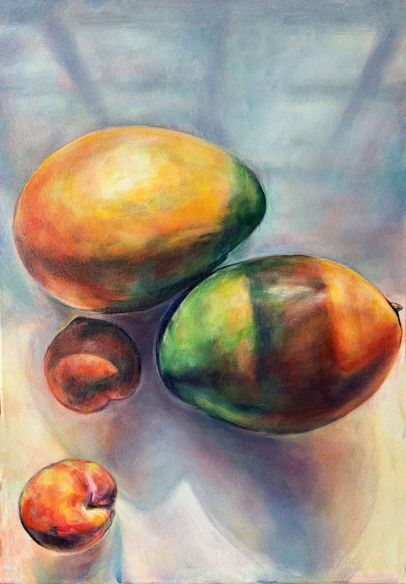 Sliced fruit by Agnes Havran  Image: A soft cascade of light graces the surface of ripe mangos and plums, revealing each fruit's gentle curvature with precision. The composition employs an elegant play of shadow and illumination, presenting the fruits in a tranquil moment of repose. Subtle transitions in color, from warm amber to lush green, convey a serene stillness. The brushwork imbues the work with a tangible texture, allowing the viewer to feel the smoothness of the fruit skin. This careful study of natural beauty engages perception in a welcoming still life, inviting sensory exploration beyond the visual realm.