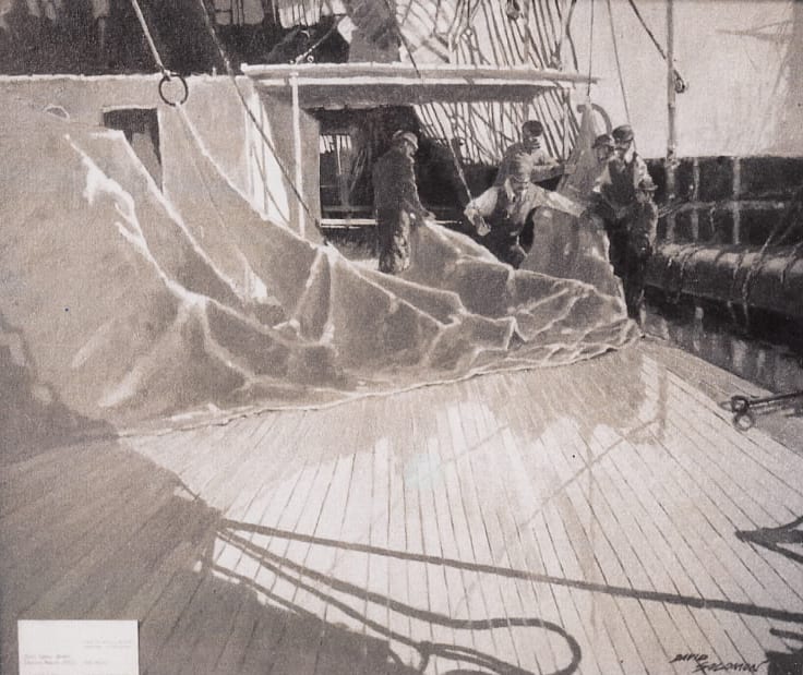 Untitled: Men Lifting Sails of Tall Ship 