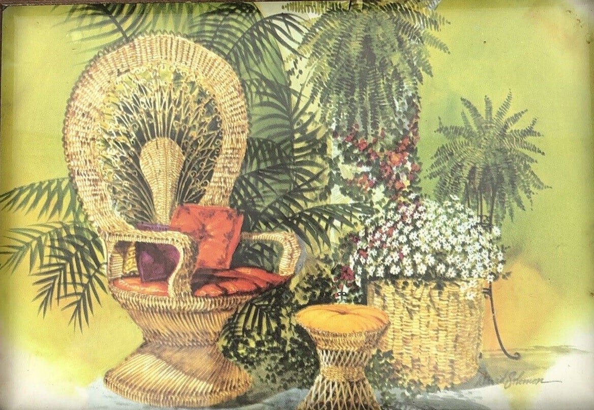 Untitled: Fan-Back Wicker Chair with Flowers by David Solomon  Image: Lithographs of this watercolor by David Solomon were printed by the Bernard Picture Co. and sold across the United States in the 1970's.