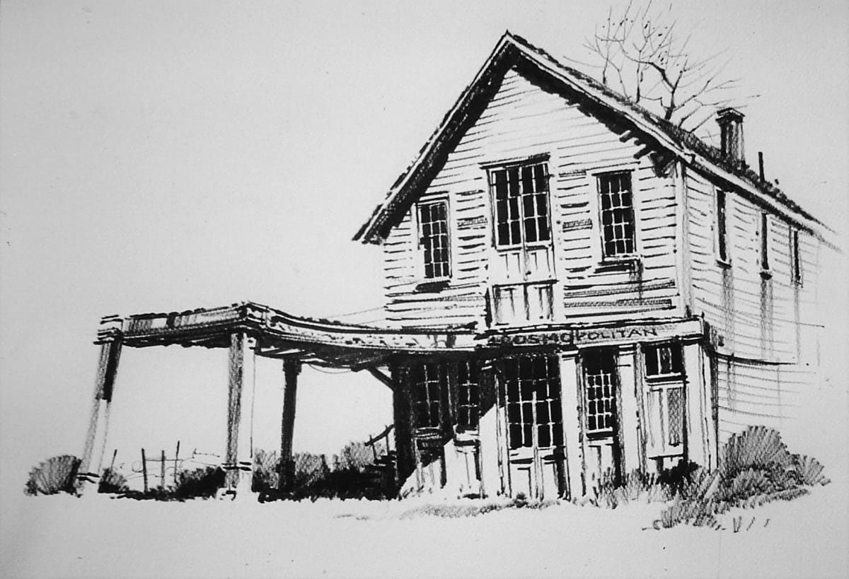Untitled:  Ghost Town Sketch 3  Image: Sketch of an old building in the South Western United State.