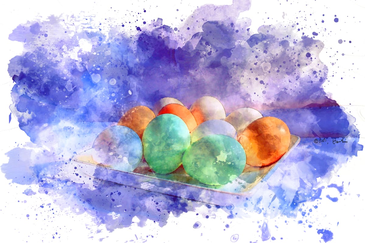 Multicolored Eggs  Image: Splashy multicolored eggs in a square plate