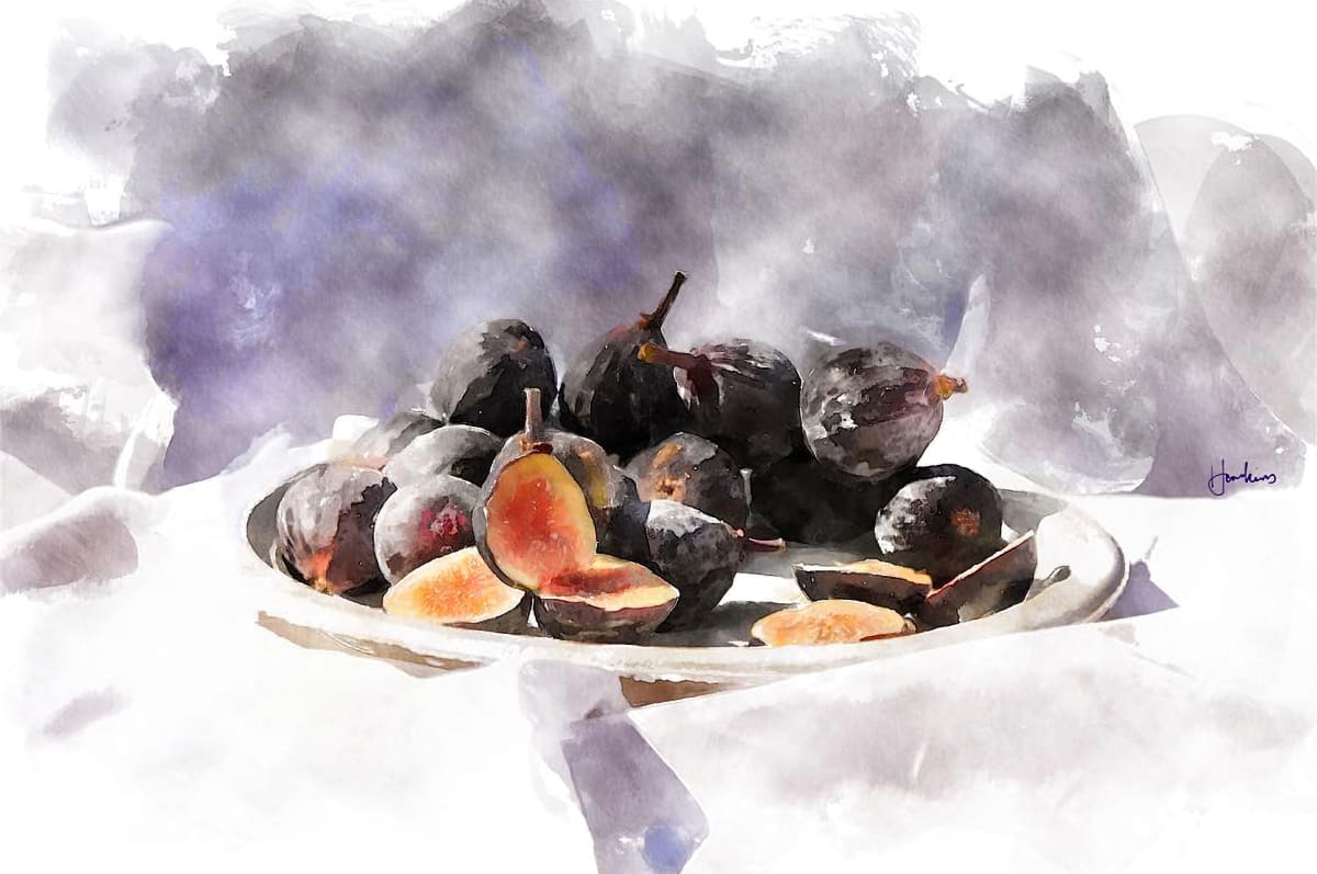 Plate of Figs  Image: A bunch of black figs on a plate, against a white draped background