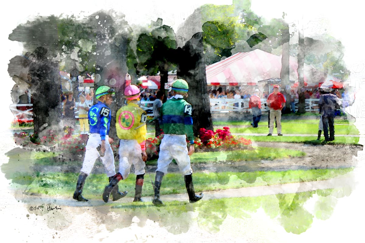 Colors in the Paddock  Image: Several jockeys, dressed in the colors of their mounts, walk across the paddock.