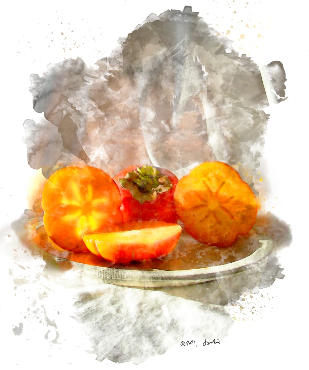 Persimmon Glow  Image: Brightly lit sliced orange Persimmon on a white drape.